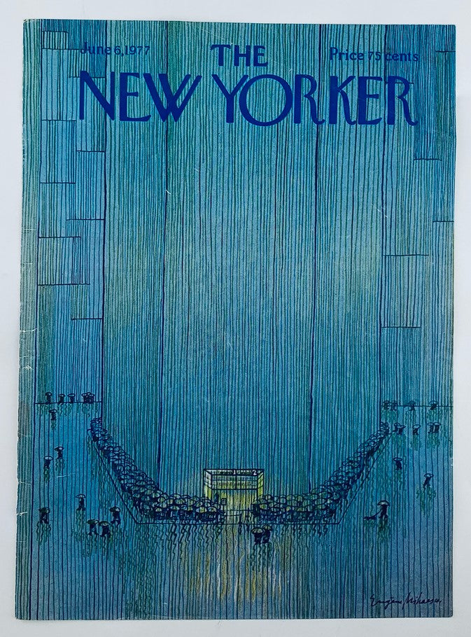 Cover of The New Yorker from June 6, 1977, showcasing the illustration 'Taking Shelter' by Eugene Mihaesco, featuring a blue color palette and stylized figures.