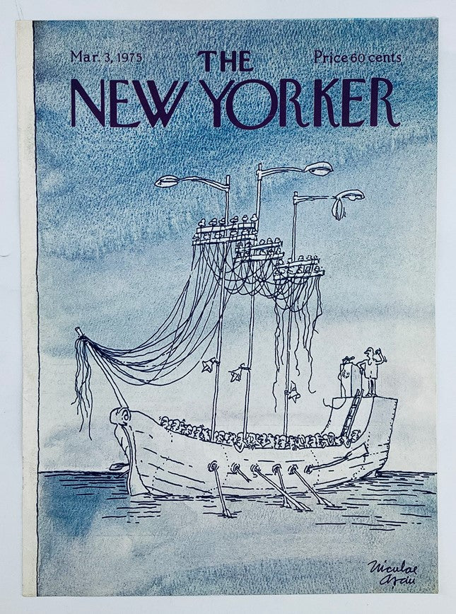 The New Yorker cover dated March 3, 1975 titled 'Disabled Ship' by Niculae Asciu, showcasing a detailed illustration of a decorated ship with figures, highlighting artistic elements on a blue gradient background.