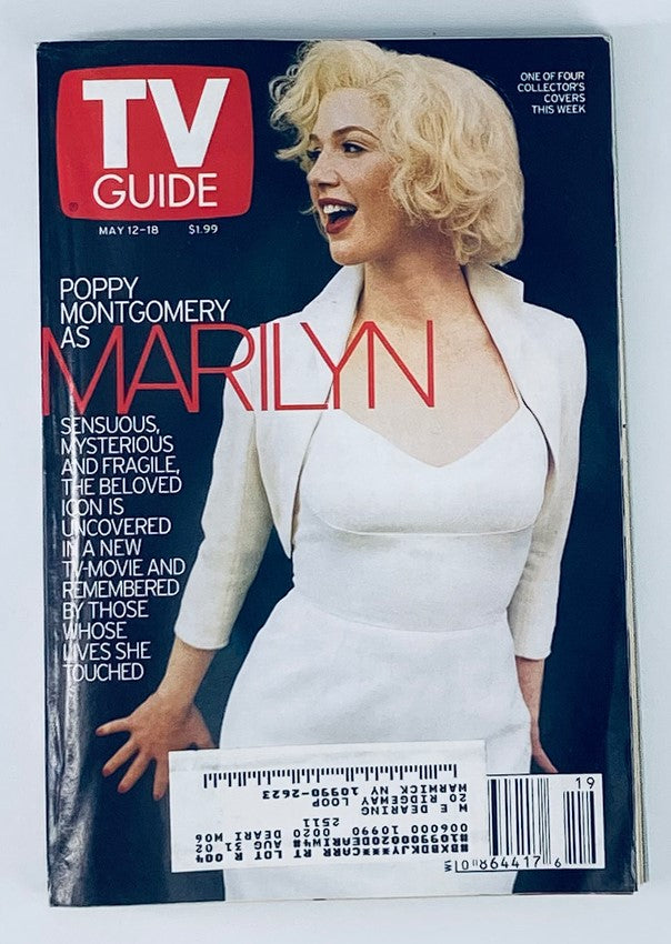 Cover of TV Guide Magazine from May 12, 2001 featuring Poppy Montgomery as Marilyn Monroe, showcasing vintage Hollywood glamour.