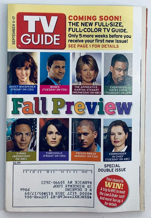 TV Guide Magazine September 11 2005 David Boreanaz, Geena Davis NY Metro Ed.