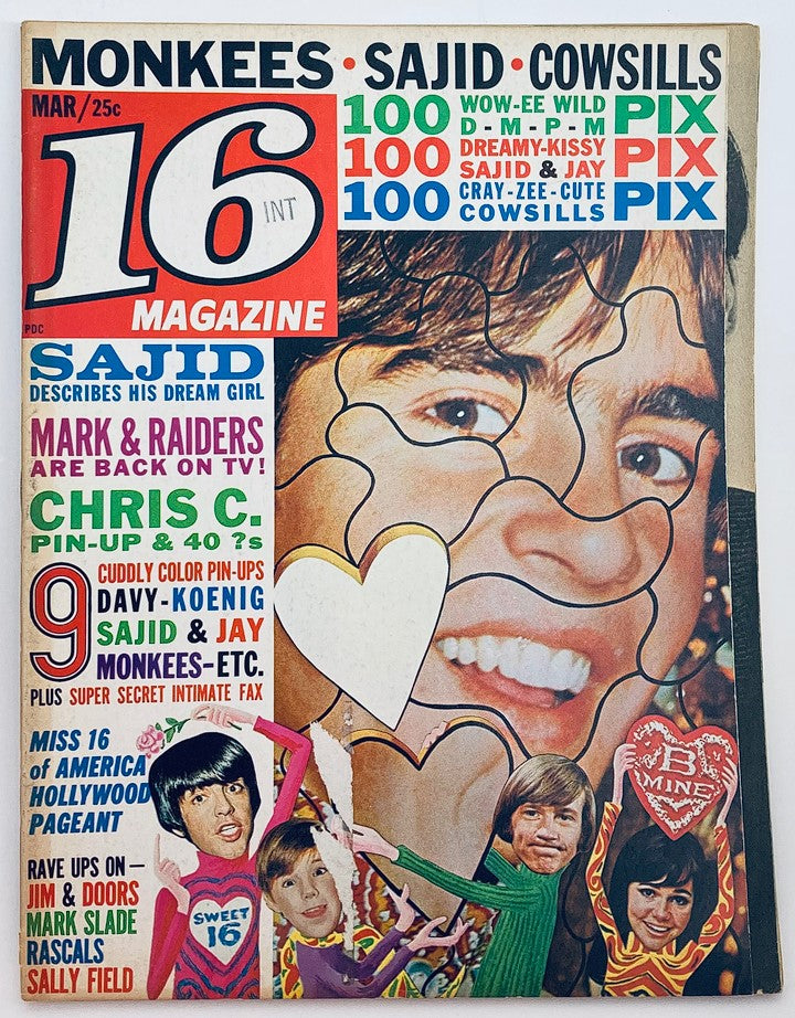 VTG 16 Magazine March 1968 Monkees, Jay North, Sajid Khan No Label