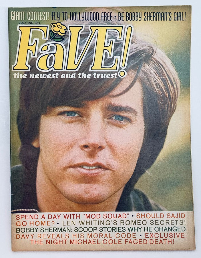 Cover of VTG Fave Magazine July 1969 featuring Bobby Sherman, highlighting articles about iconic stars like Davy Jones and Michael Cole, with vibrant graphics and vintage aesthetics.
