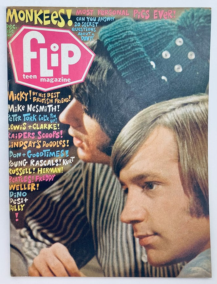 VTG Flip Teen Magazine December 1967 featuring Davy Jones and Micky Dolenz on the cover, showcasing vibrant colors and retro teen culture elements.