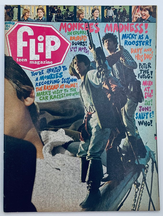 Cover of the VTG Flip Teen Magazine from March 1968 featuring The Monkees and The Raiders, showcasing vibrant pop culture imagery, headlines about music and fan events.