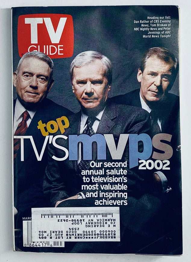 TV Guide Magazine March 9 2002 featuring Tom Brokaw, Peter Jennings, and Dan Rather on the cover, highlighting the top TV MVPs of 2002, showcasing influential broadcasters and the evolution of television journalism.