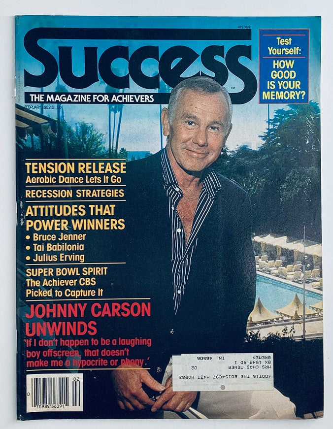 Cover of Success Magazine, February 1982, featuring a storytelling piece titled 'Johnny Carson Unwinds and Tension Release.' The cover includes colorful highlights about stress relief techniques, power winners, and celebrities like Bruce Jenner. Perfect for vintage magazine collectors.