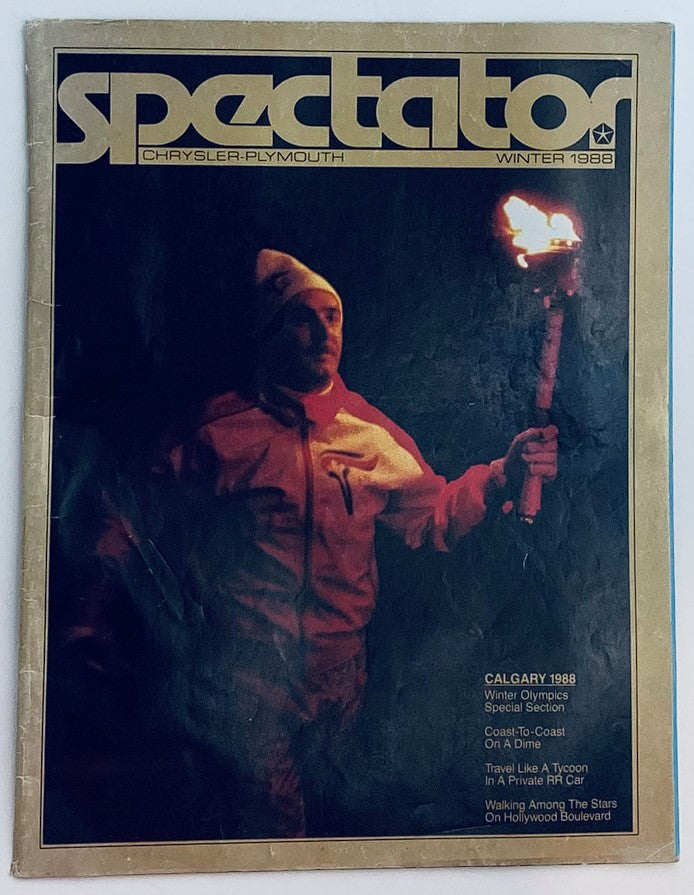 Cover of the VTG Chrysler-Plymouth Spectator Magazine Winter 1988 featuring a person holding a torch, themed around the Winter Olympics in Calgary 1988. The magazine includes articles on winter sports and travel.
