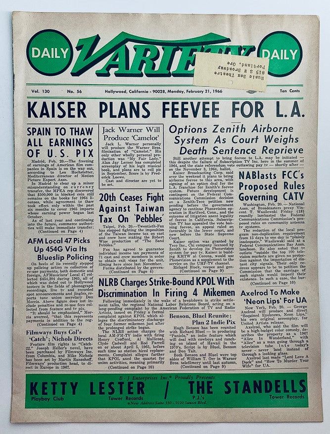 Front page of Daily Variety Magazine, February 21, 1966, Vol 130 No 56, featuring the headline 'Kaiser Plans Feevee for L.A.' along with articles on entertainment industry developments.