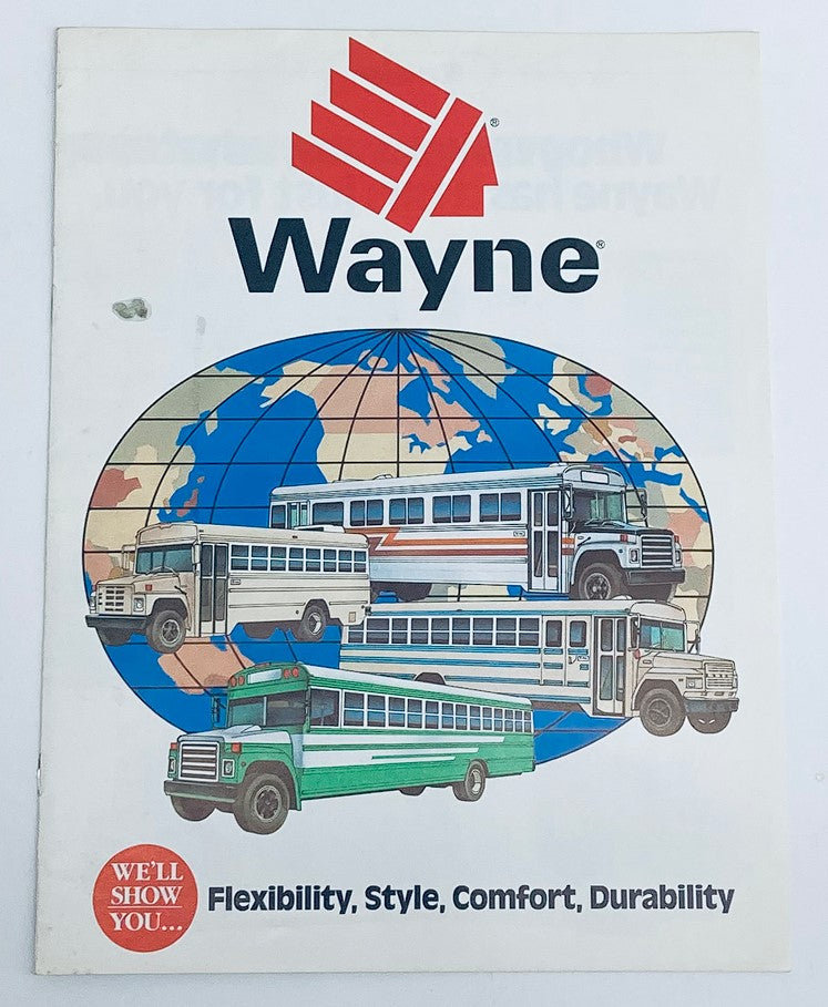 1984 International Chevrolet Ford Wayne Dealer Showroom Sales Brochure Catalog featuring illustrations of various buses and the globe, highlighting flexibility, style, comfort, and durability.