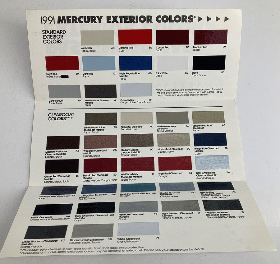 1991 Mercury Passenger Car Exterior Colors Showroom Sales Brochure Guide Catalog