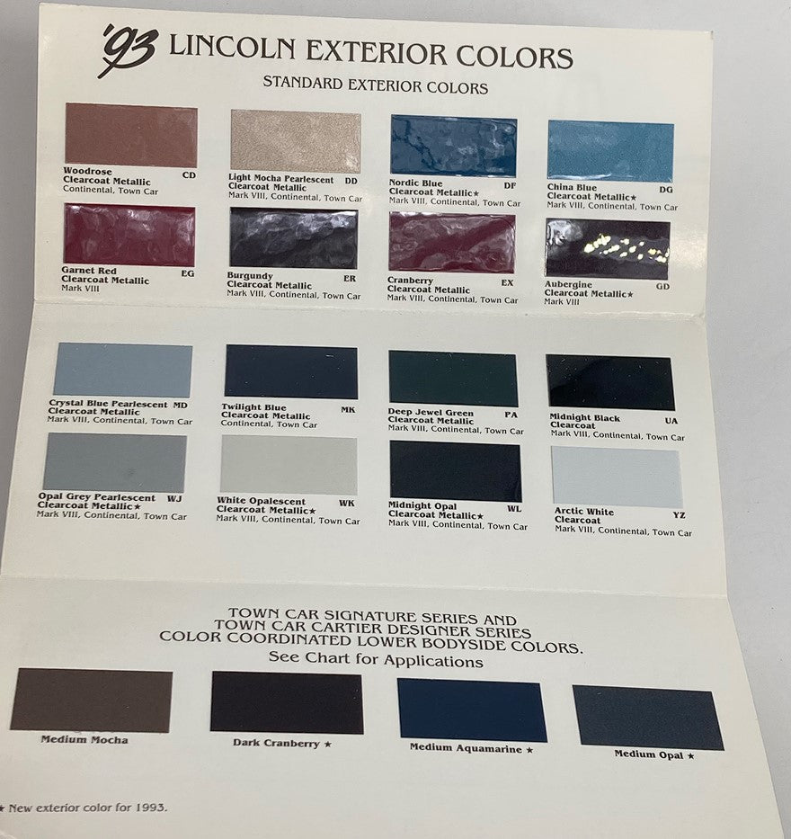 1993 Lincoln Luxury Car Exterior Colors Dealer Sales Brochure Guide Catalog