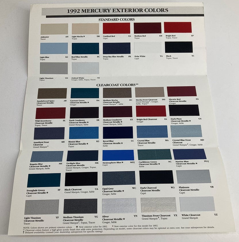 1992 Mercury Exterior Colors Dealer Showroom Sales Brochure Guide Catalog