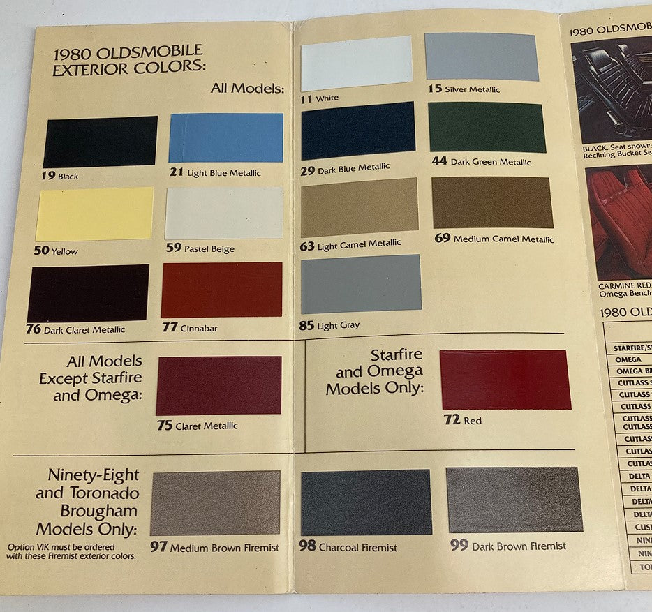 1980 Oldsmobile Color Chip Folder Dealer Showroom Sales Brochure Guide Catalog