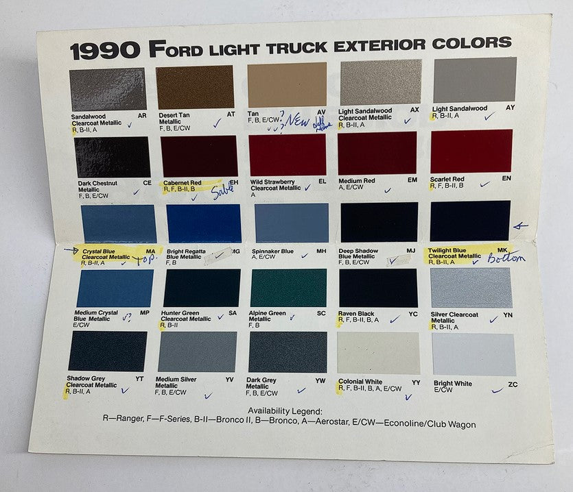 1990 Ford Light Truck Exterior Colors Dealer Sales Brochure Guide Catalog