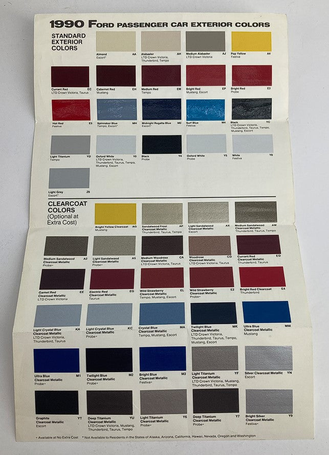 1990 Ford Passenger Car Exterior Colors Showroom Sales Brochure Guide Catalog