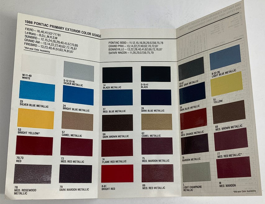 1988 Pontiac Exterior Colors Dealer Showroom Sales Brochure Guide Catalog