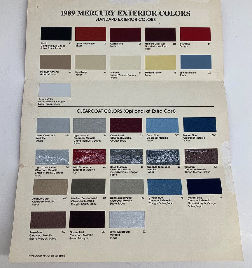 1989 Mercury Exterior Colors Dealer Showroom Sales Brochure Guide Catalog