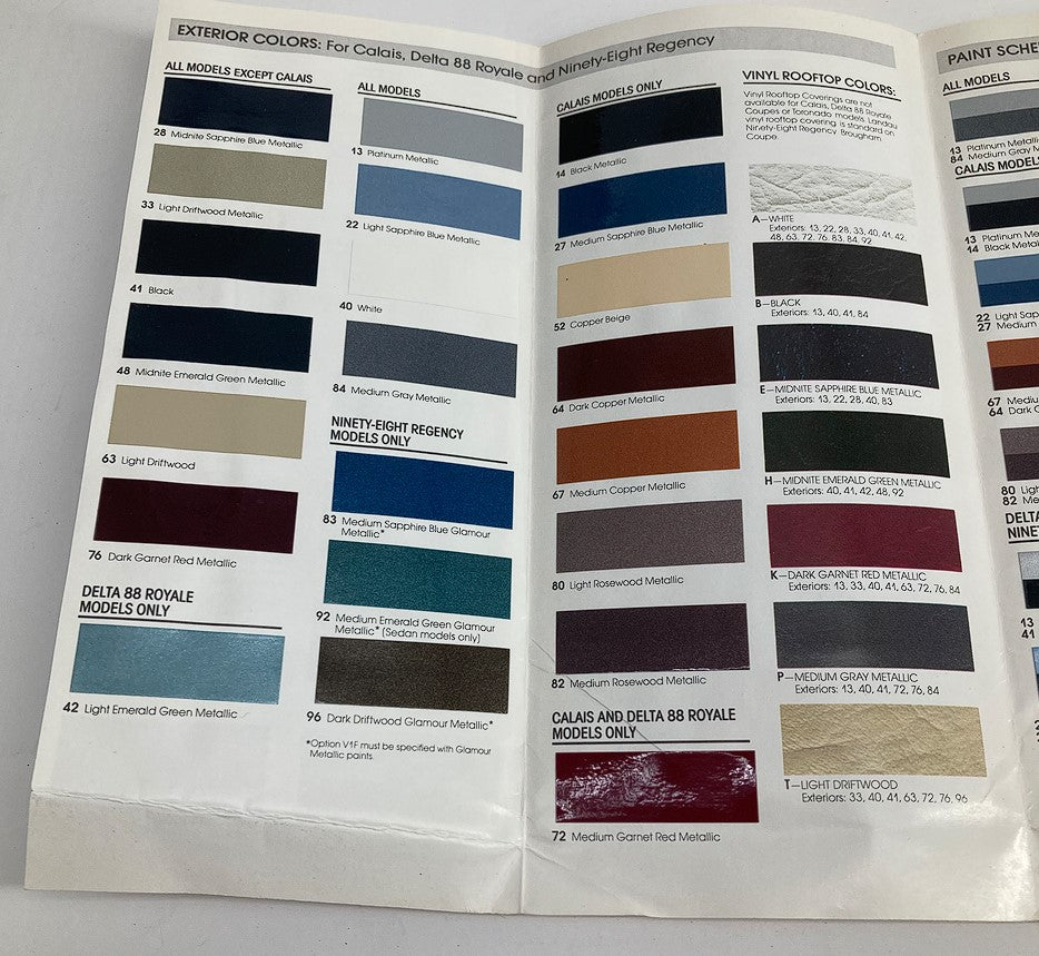 1987 Oldsmobile Color Chip & Fabric Folder Dealer Sale Brochure Guide Catalog