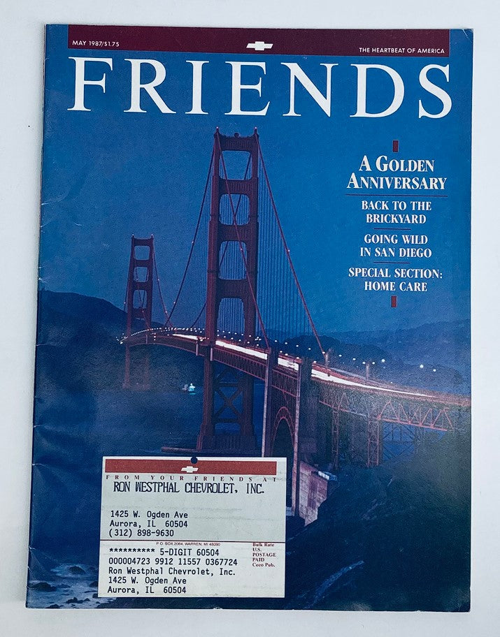 Cover of Vintage Chevrolet Magazine May 1987 titled 'Friends Back To The Brickyard' featuring the Golden Gate Bridge at dusk.