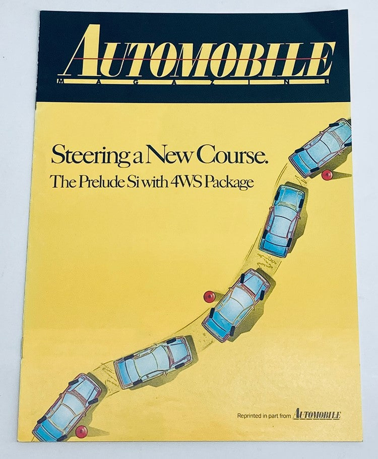 1988 Honda Prelude SI 4WS Package Road Test Car Brochure Folder Guide featuring a vibrant cover design with an illustration of cars navigating a circular path, emphasizing the vehicle's innovative steering system.