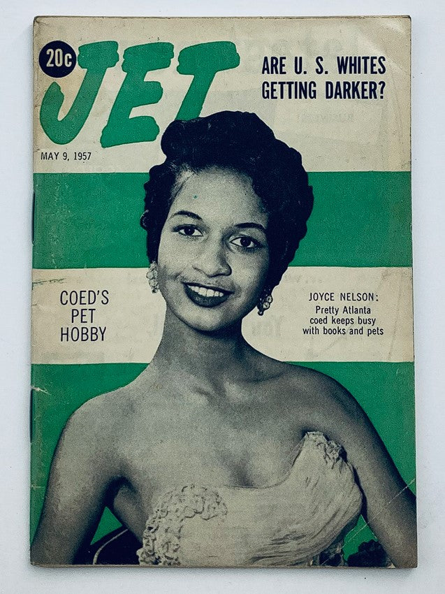 VTG Jet Magazine May 9 1957 featuring Joyce Nelson on the cover, showcasing the headline 'COED's Pet Hobby' with mid-century design elements.