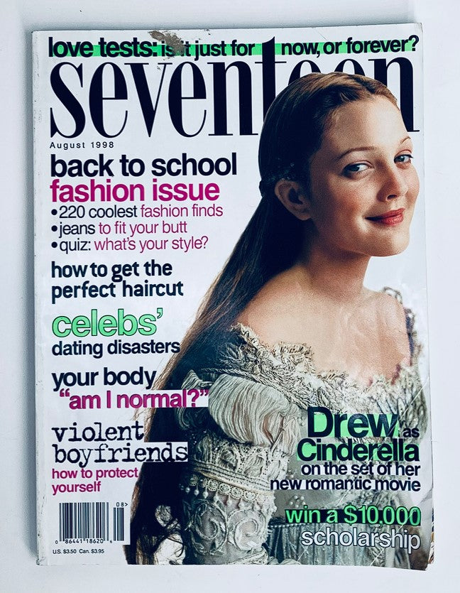 Seventeen Magazine August 1998 featuring Drew Barrymore as Cinderella on the cover, showcasing late 90s fashion and beauty trends.