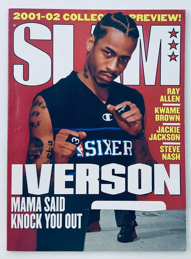 Cover of Slam Magazine November 2001 featuring Allen Iverson, titled 'IVerson: Mama Said Knock You Out'. A vintage collectible perfect for basketball fans.