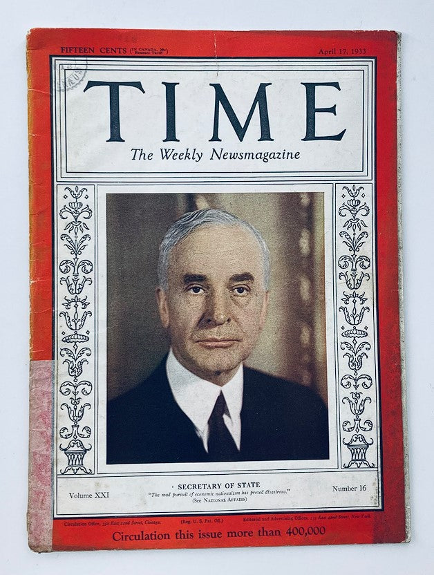 VTG Time Magazine April 17 1933 Vol 21 #16 Secretary of State Cordell Hull