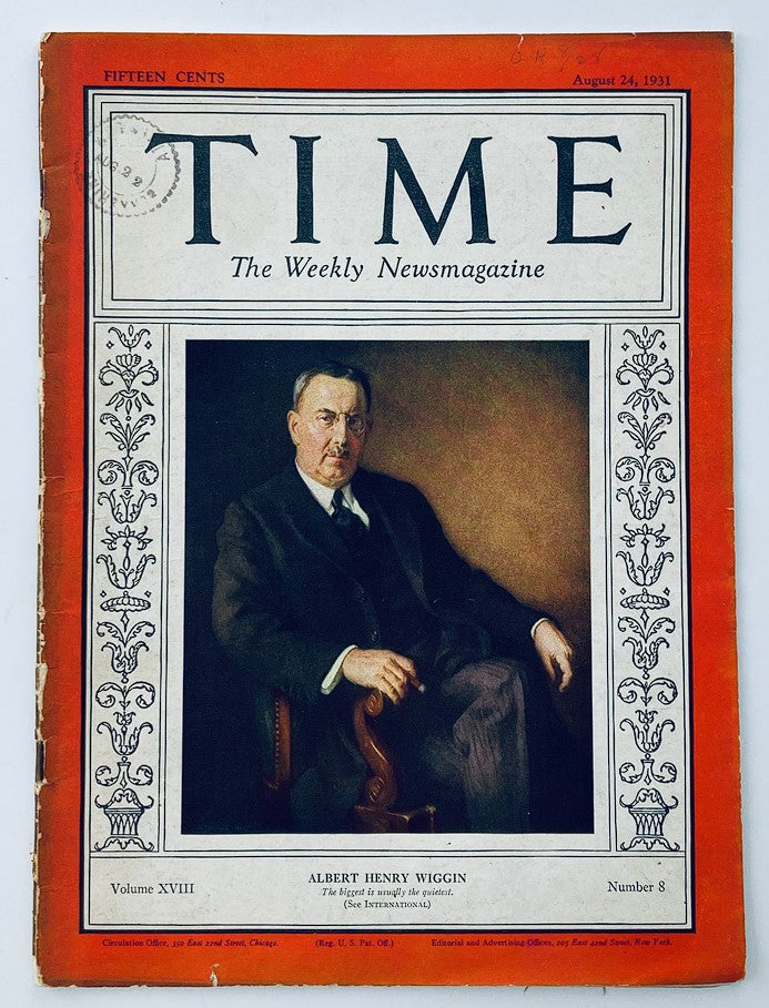 VTG Time Magazine August 24 1931 Vol 18 #8 Albert Henry Wiggin