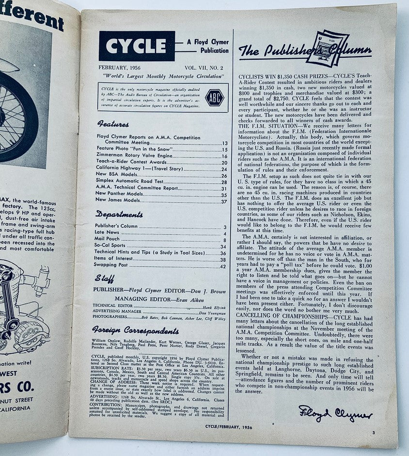 VTG Cycle Magazine February 1956 Vol 7 #2 Road Test Simplex Automatic No Label