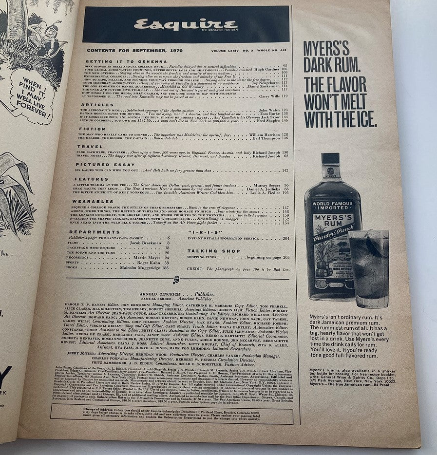 VTG Esquire Magazine September 1970 Vol 74 #3 Back To College No Label