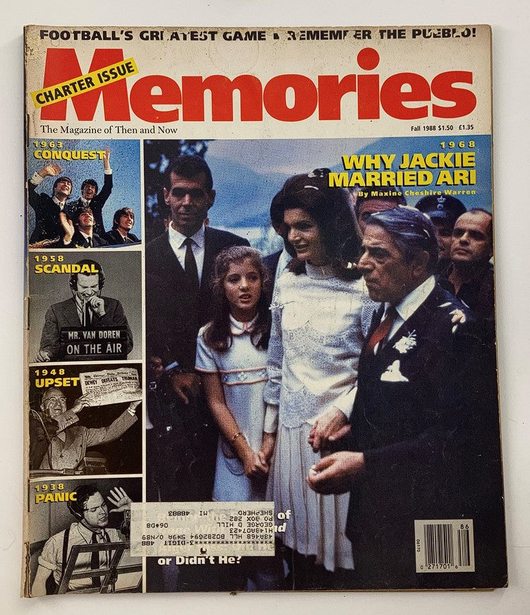 VTG Memories Magazine Fall 1988 Vol 1 #2 cover featuring cultural icons and a detailed image of Jacqueline Kennedy and Aristotle Onassis at a public event.