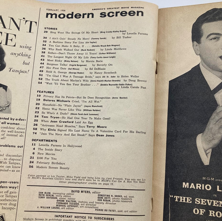 VTG Modern Screen Magazine February 1958 Liz Taylor, Mike Todd No Label