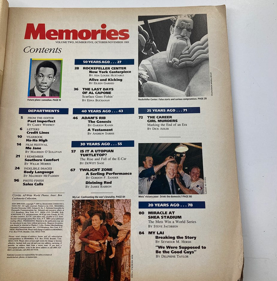 Contents page of VTG Memories Magazine October 1989, listing featured articles including Al Capone and Seymour Hersh's investigation on My Lai.