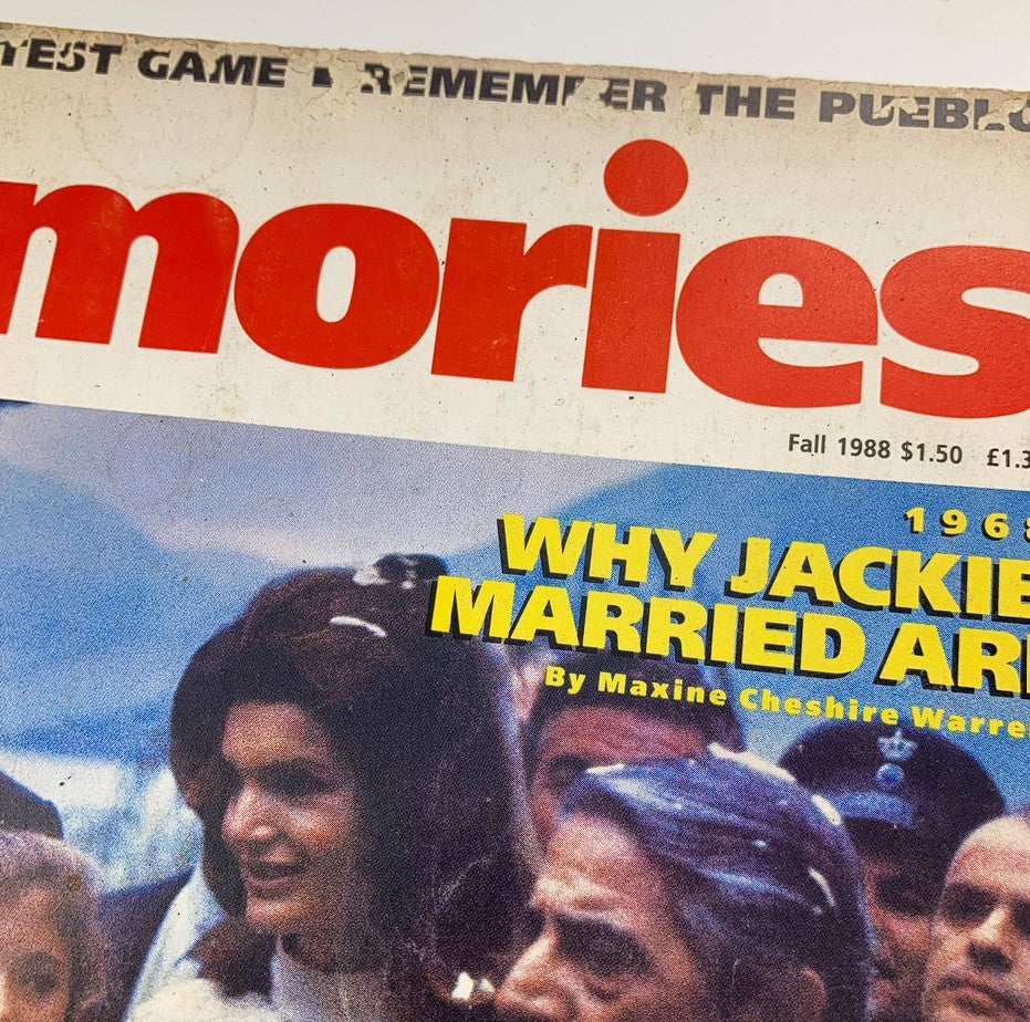 Close-up of the VTG Memories Magazine Fall 1988 Vol 1 #2 cover showcasing the title and the headline about Jacqueline Kennedy's marriage to Aristotle Onassis.