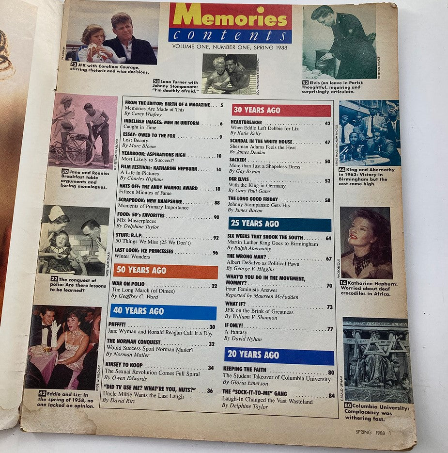 Inside contents page of VTG Memories Magazine Spring 1988, detailing articles on iconic personalities and events, emphasizing the magazine's retro charm.