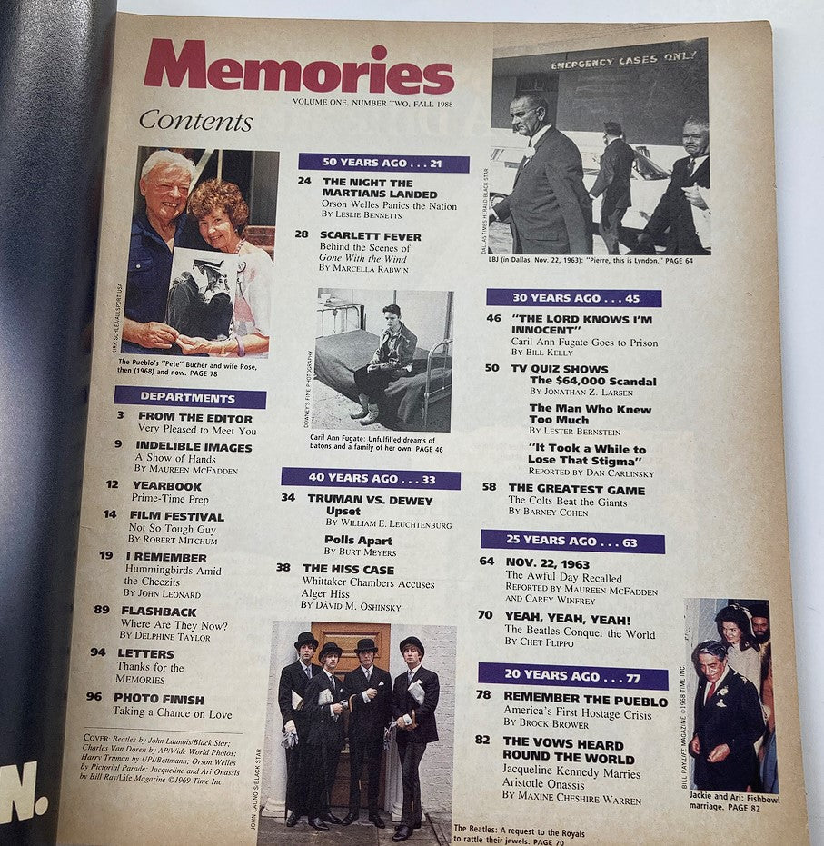 Contents page of VTG Memories Magazine Fall 1988 Vol 1 #2 featuring highlights such as historical events, articles, and cultural insights related to the era, including references to Jacqueline Kennedy and Aristotle Onassis.