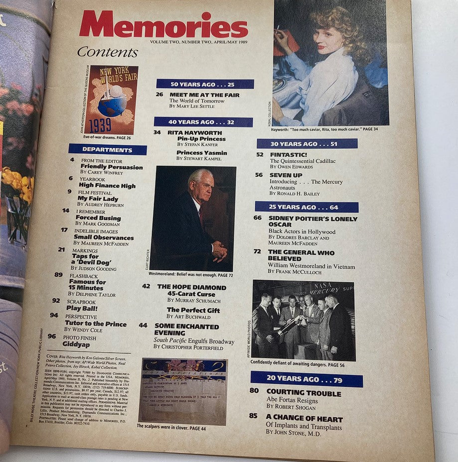 Contents page of VTG Memories Magazine April 1989, Volume 2 Number 2, featuring articles on Rita Hayworth and Princess Yasmin, with various topics and nostalgic themes from the era.