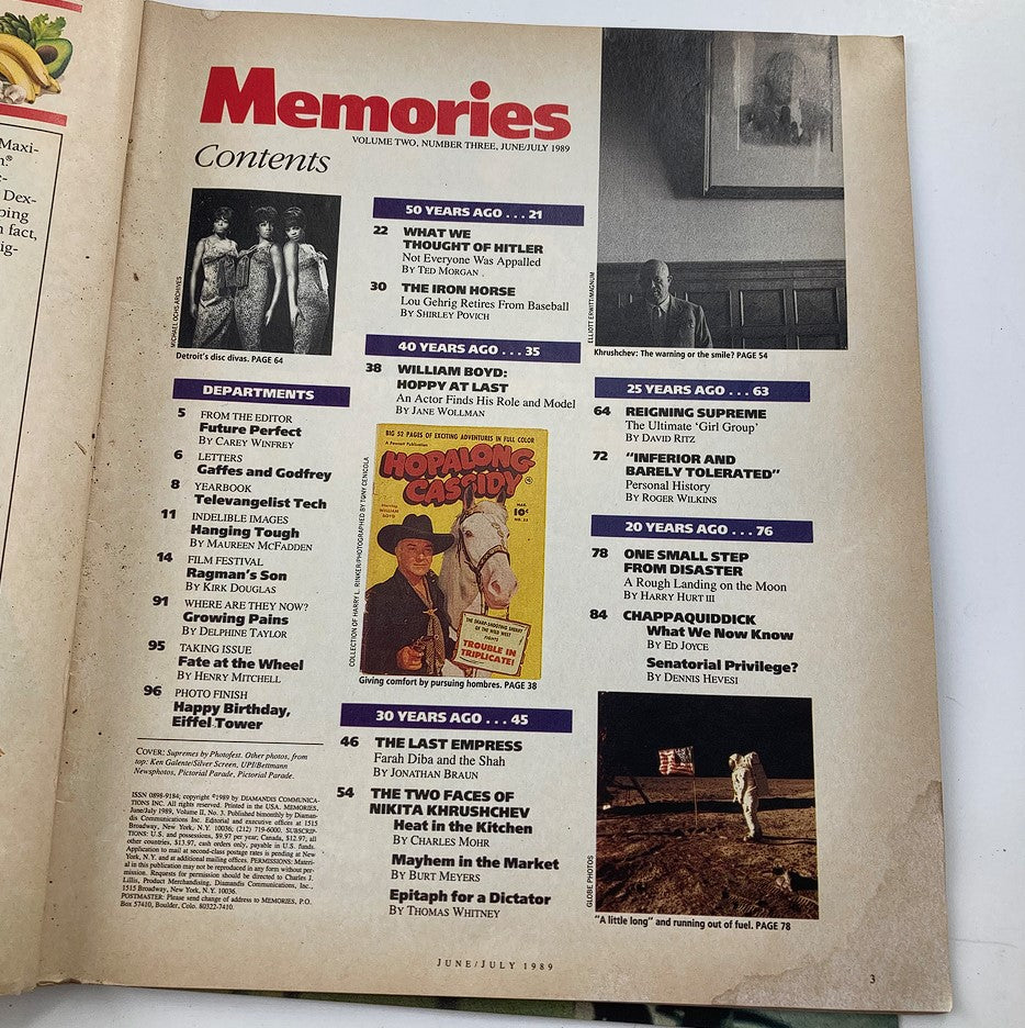 Contents page of VTG Memories Magazine June 1989 Vol 2 #3, listing articles including features on The Supremes and Nikita Khrushchev, alongside nostalgic topics and historical reflections.
