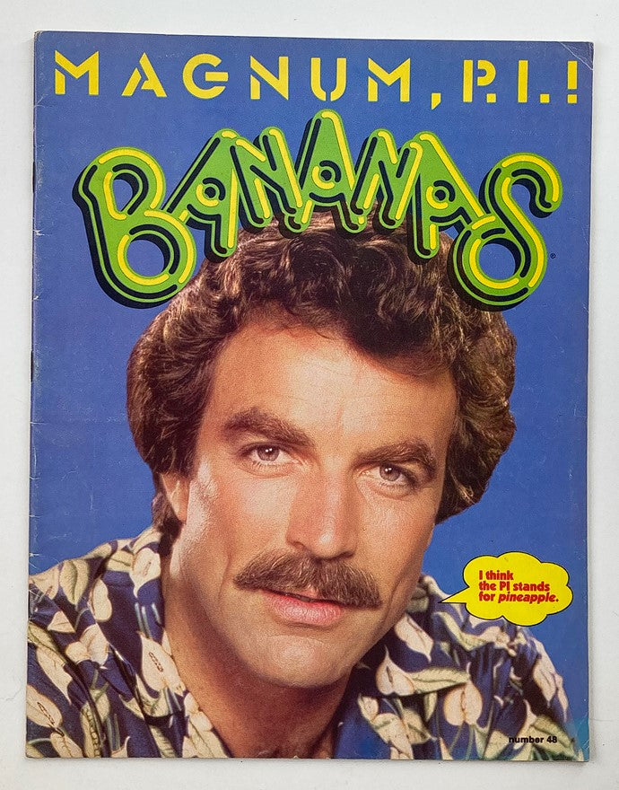Vintage Bananas magazine from 1975 featuring Tom Selleck on the cover, known for his role in Magnum, P.I., showcasing a colorful design that captures the era's pop culture.