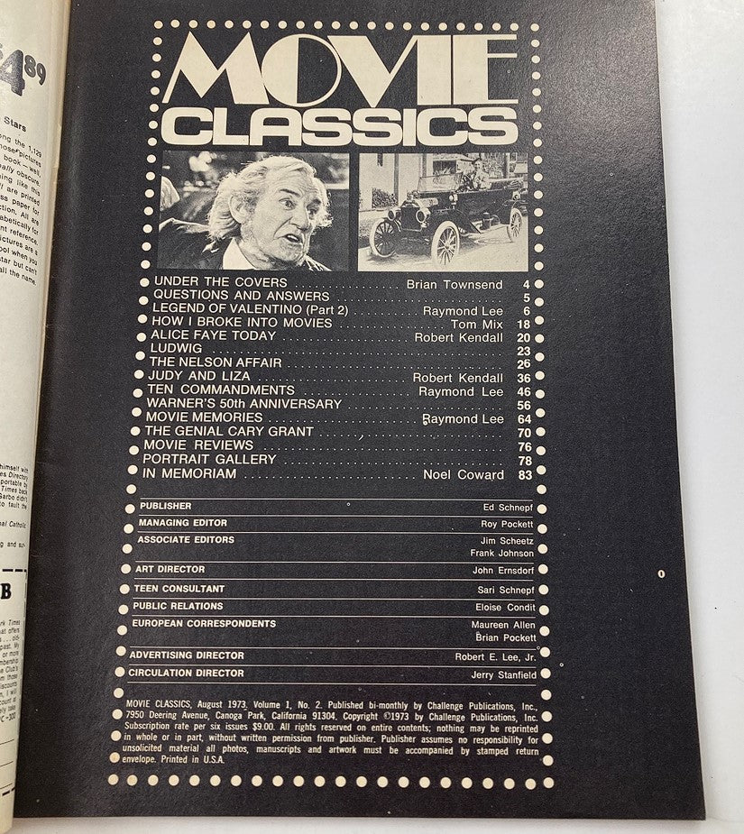 Inside page of Vintage Movie Classics Magazine August 1973, Vol 1 #2 containing the table of contents, highlighting features about Judy Garland and Liza Minnelli.