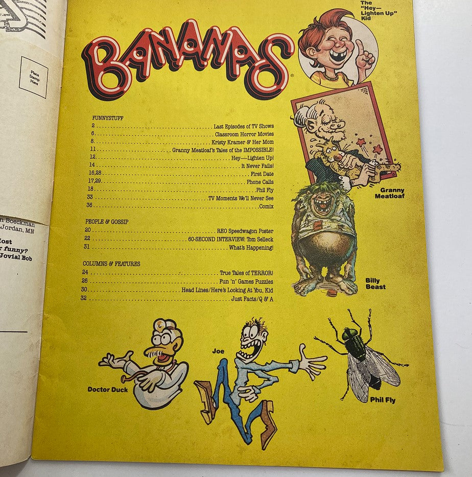 Interior page of the 1975 Bananas magazine, with a vibrant yellow background showcasing features and cartoons including Doctor Duck and Joe, highlighting the humor and entertainment of the period.