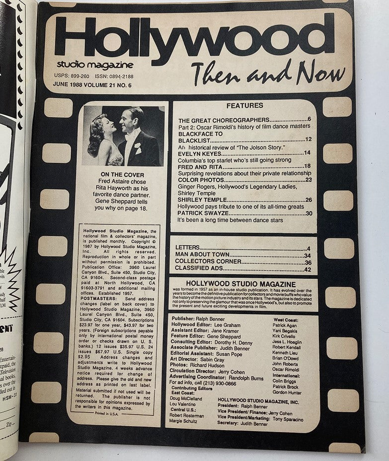 Inside pages of VTG Hollywood Studio Magazine June 1988, highlighting the features including Fred Astaire and Rita Hayworth on the cover, capturing the essence of 1980s film nostalgia.