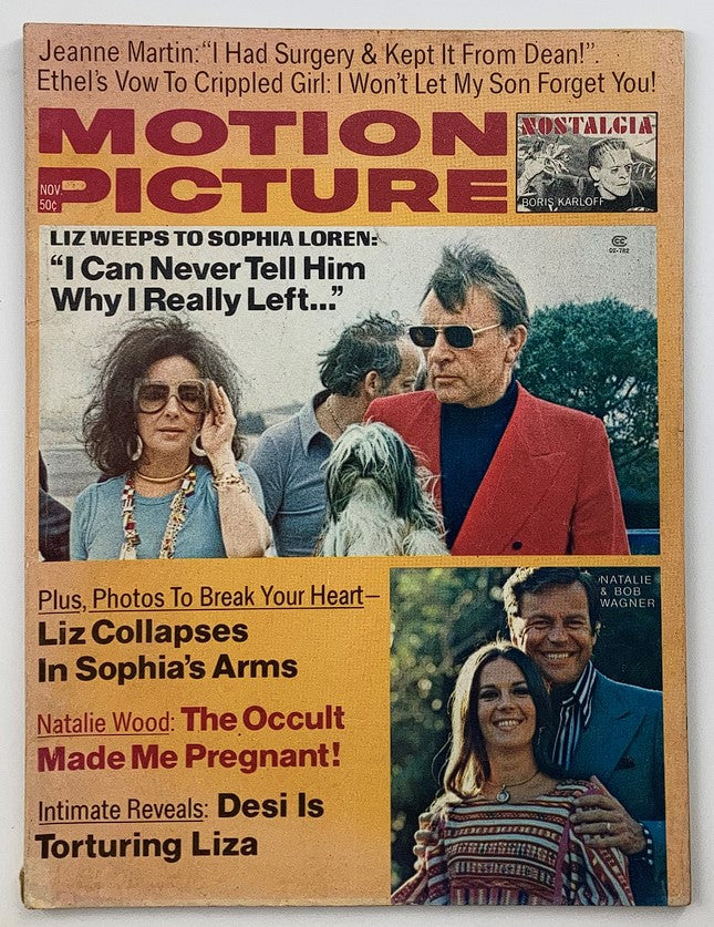 Cover of VTG Motion Picture Magazine November 1973 Vol 62 #753 featuring Elizabeth Taylor, along with featured articles and captivating images related to Hollywood stars.