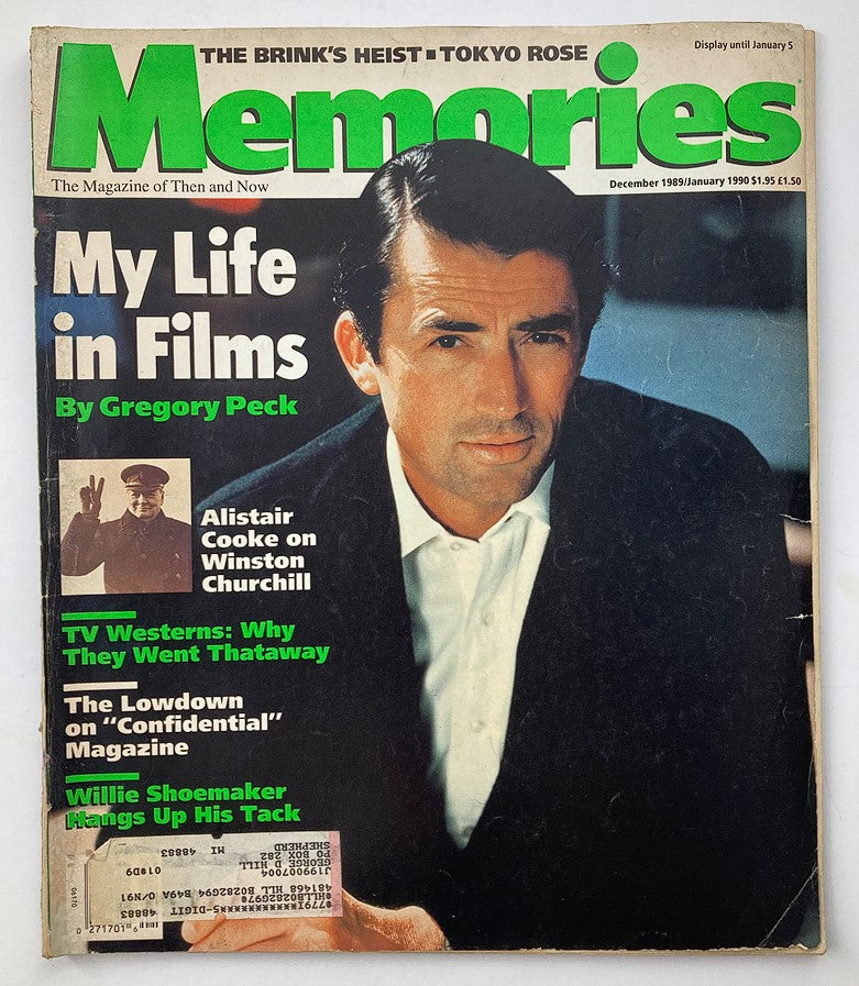 VTG Memories Magazine December 1989 featuring 'My Life in Films' by Gregory Peck, showcasing the iconic actor on the cover with engaging headlines and vintage design elements.