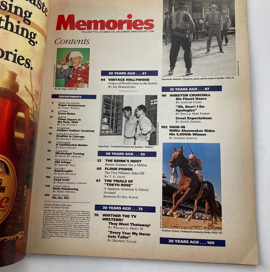 VTG Memories Magazine December 1989 Vol 2 #6 features the contents page highlighting various articles including 'Vintage Hollywood' and 'Winston Churchill', showcasing a blend of cinematic and historical insights.