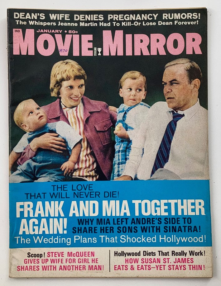 Cover of VTG Movie Mirror Magazine January 1972 Vol 16 #3 featuring Frank Sinatra and Mia Farrow, highlighting the theme 'Frank and Mia Together Again!' with bold headlines and colorful design.