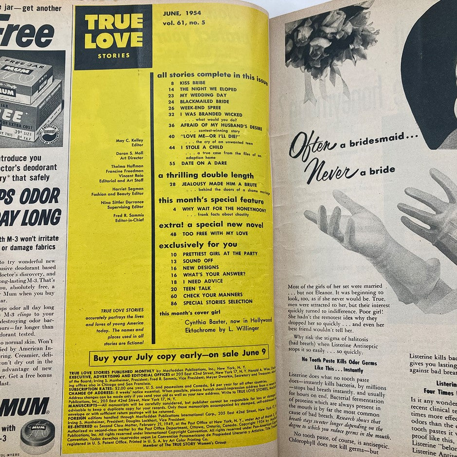 VTG True Love Stories Magazine June 1954 Vol 61 #5 Cynthia Baxter No Label