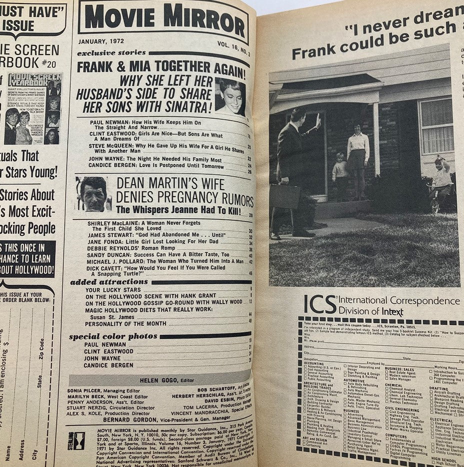 Interior page of VTG Movie Mirror Magazine January 1972 Vol 16 #3, showcasing articles including 'Frank & Mia Together Again' and related stories, reflecting the Hollywood gossip from the era.