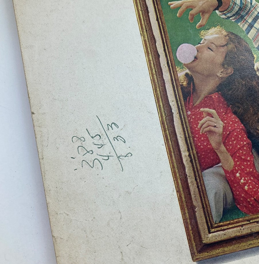 Back cover of VTG Motion Picture Magazine September 1972, showcasing a colorful image of a woman with bubble gum and handwritten notes.